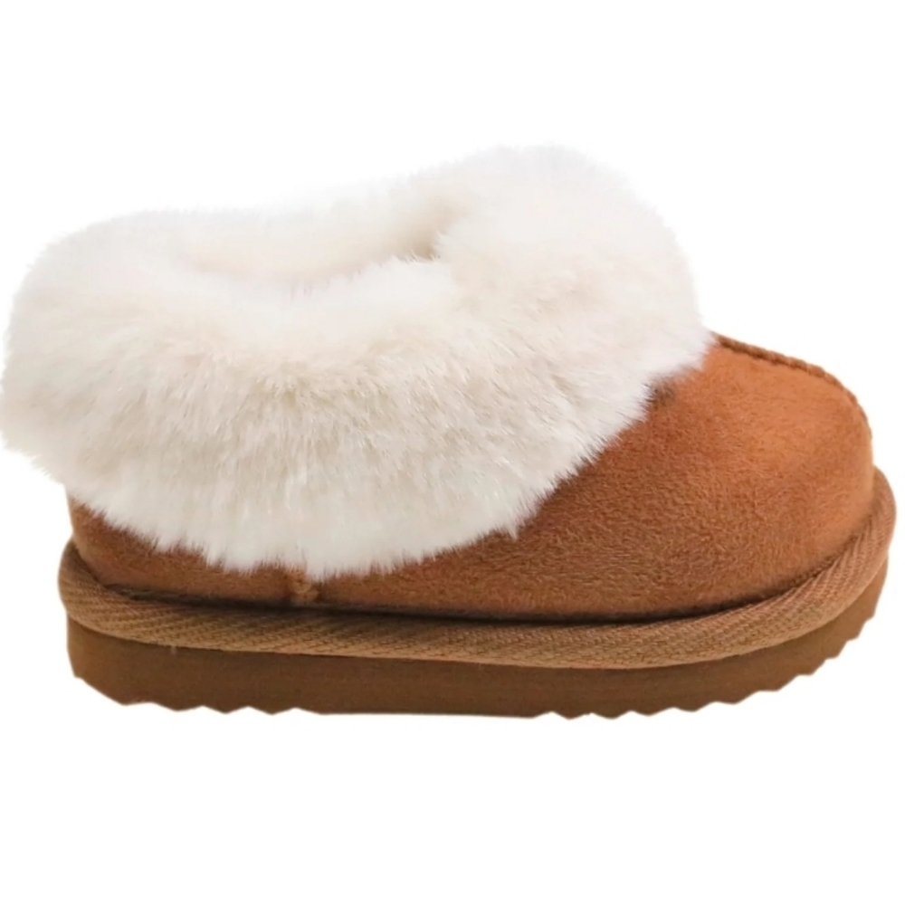 🧩♡Wonder Nation Tan Faux-Suede Baby Booties with White Faux-Fur Cuff - Picture 2 of 6